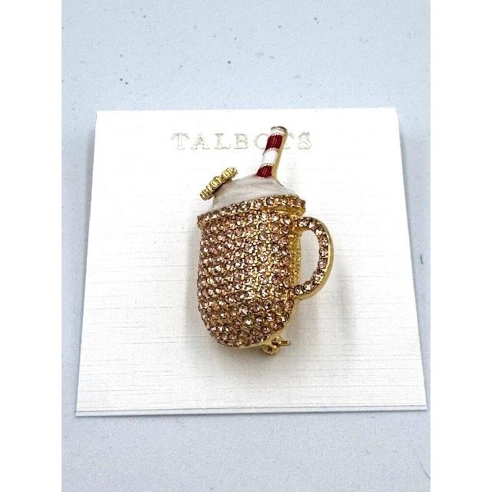 NWT Talbots Gold-Tone Pave Crystal Mug Brooch Pin With Straw & Whipped Cream